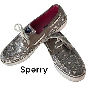 SPERRY Top-Sider Taupe Sequined Animal Print Boat Shoes size 8.5